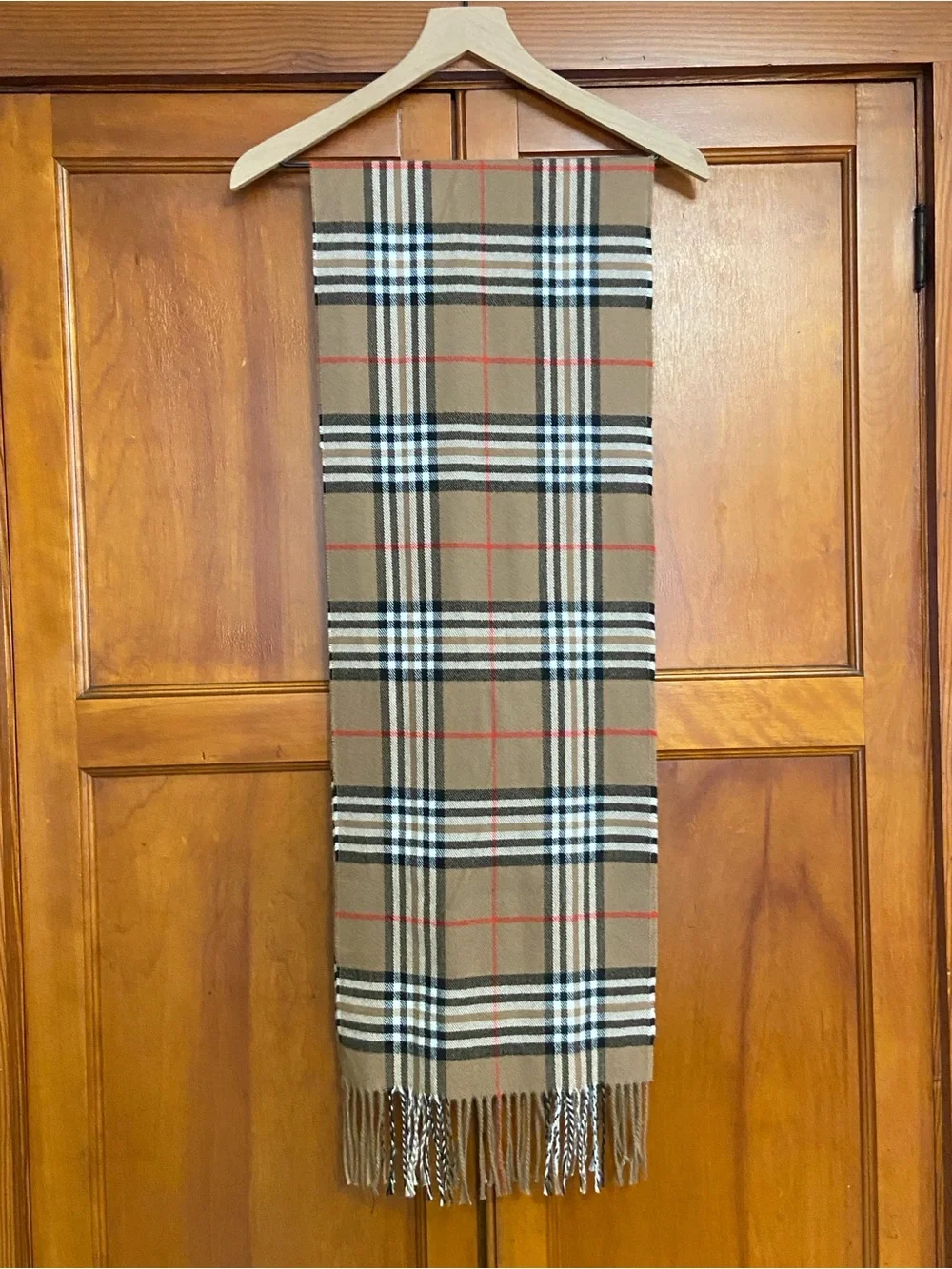 100% Cashmere Plaid Scarf Made in Scotland Tan Black Red Fringe